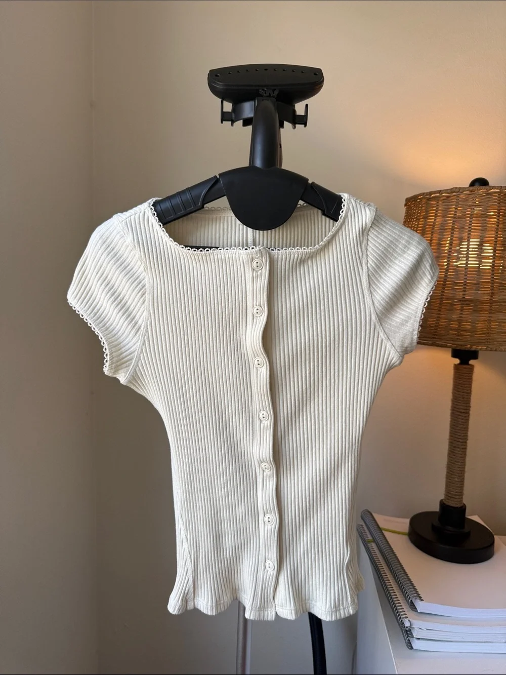 Free People Cream Ribbed Button-Front Cap Sleeve Top